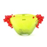 Mihai Topescu, Romanian, green glass vase with red glass berries decoration, signed, 18cm high.