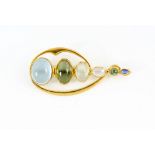 Graham Stewart designer silversmith, multi gem brooch, set with cabochon cut aquamarine,