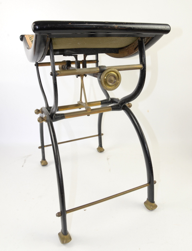 Aesthetic Movement, painted metal and brass X-framed adjustable music stool with ebonised dished - Image 3 of 4
