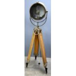 Early 20th century brass spot light on original adjustable tripod base, light 28 cm diameter. .