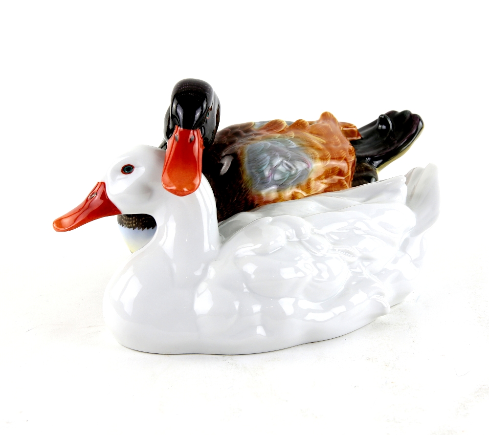 A large contemporary Herend group model of two nesting ducks, in naturalistic colourway, factory