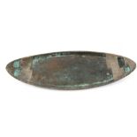 Loys Lucha Paris, an oblong tray with patinated green and white metal geometric design, Signed