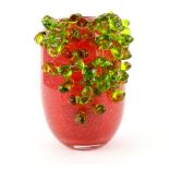 Mihai Topescu, Romanian, red glass vase with green glass berries decoration, signed, 22cm.