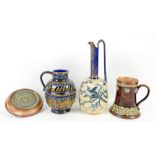 A group of Doulton lambeth stoneware, a bulbous jug with applied decoration, impressed mark H.W,