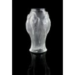 Lalique France, an Ara vase with design of three pairs of parrots in relief, 26 cm .