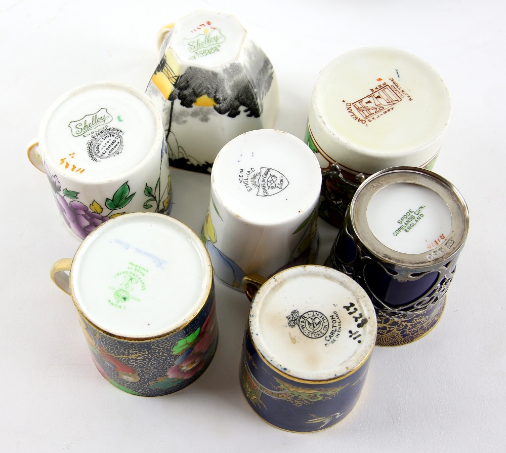 Seven coffee cans with saucer to include Shelley Queen Anne shape Sunrise and Tall Trees pattern, - Image 2 of 2