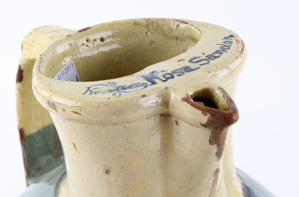 Hungarian folk art jug, terracotta with relief decoration of bird and flowers, signed Kosa Sandon - Image 3 of 4