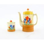 Clarice cliff coffee pot and conserve pot painted with autumn crocus pattern . Both good