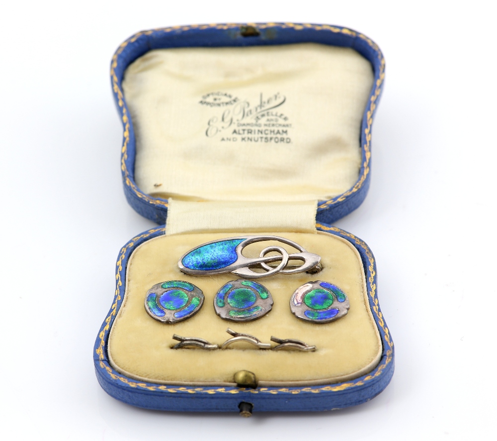 Charles Horner enamel brooch button set, blue and green enamel, brooch measuring 3.2 x 1.1cm,