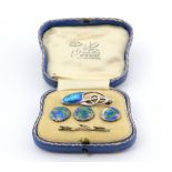 Charles Horner enamel brooch button set, blue and green enamel, brooch measuring 3.2 x 1.1cm,