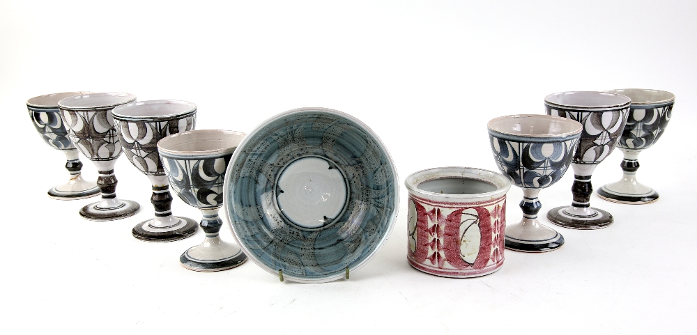 Alan Caiger-Smith, seven goblets with painted design in blues and greys, a similar bowl and a pot, - Image 2 of 6