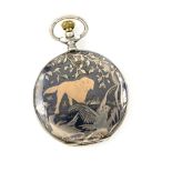 Austro Hungarian Pocket watch with Art Nouveau niello decorated case, depicting a dog and water