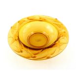 Art Deco amber glass bowl, the deep rim with moulded relief decoration of swallows, unmarked, 33