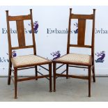 Pair of Arts & crafts chairs inlaid chairs, in the manner of William Birch, splat backs, upholstered