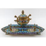 French champlevé enamel desk stand and inkwell, with Art Nouveau style decoration, C 1910 width 22