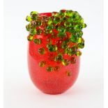 Mihai Topescu, Romanian, red glass vase with green glass berries decoration, signed, 22cm.