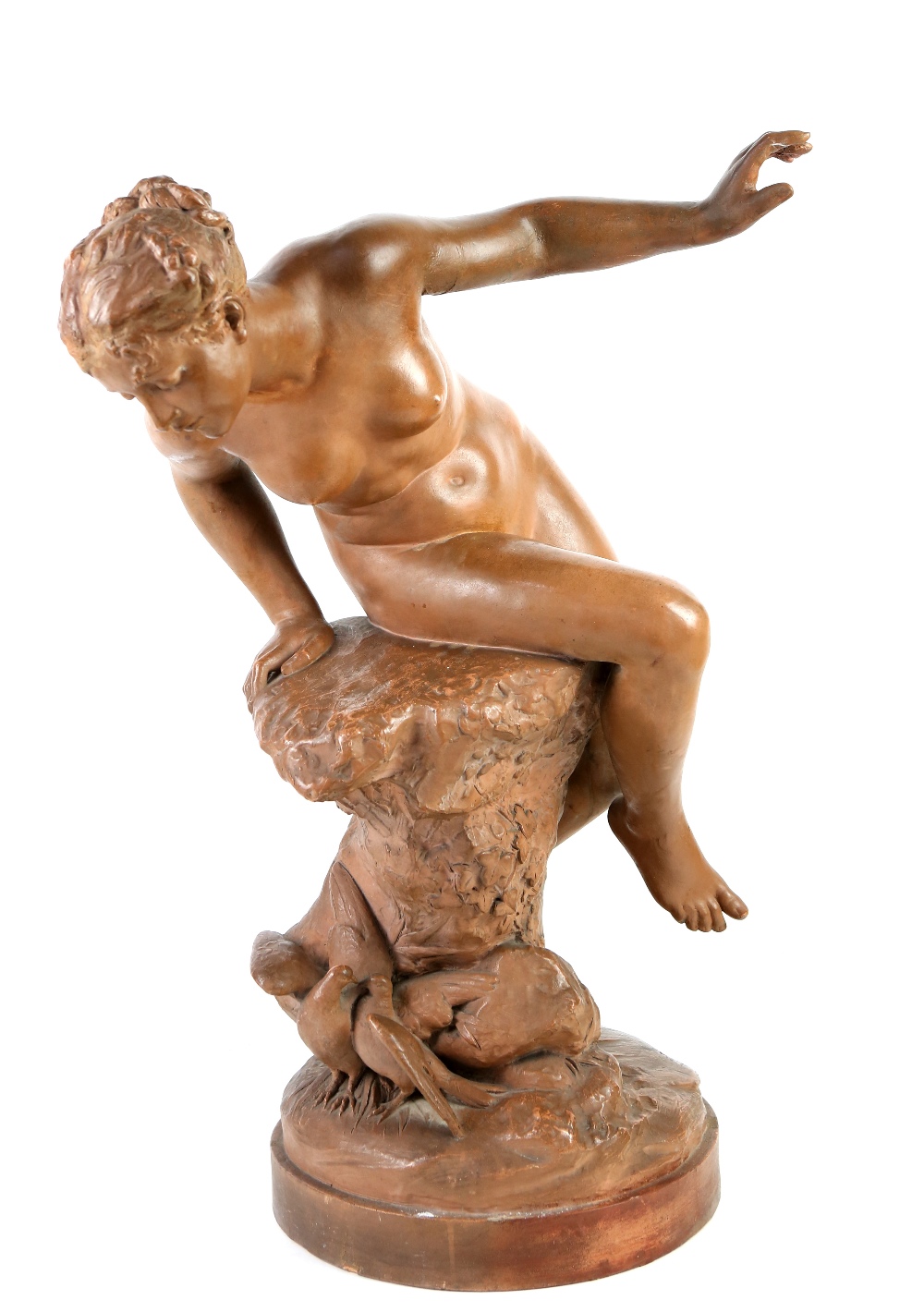 Benoit Rougelet, Nymph with two doves, terracotta figure, signed on the base and with an impressed