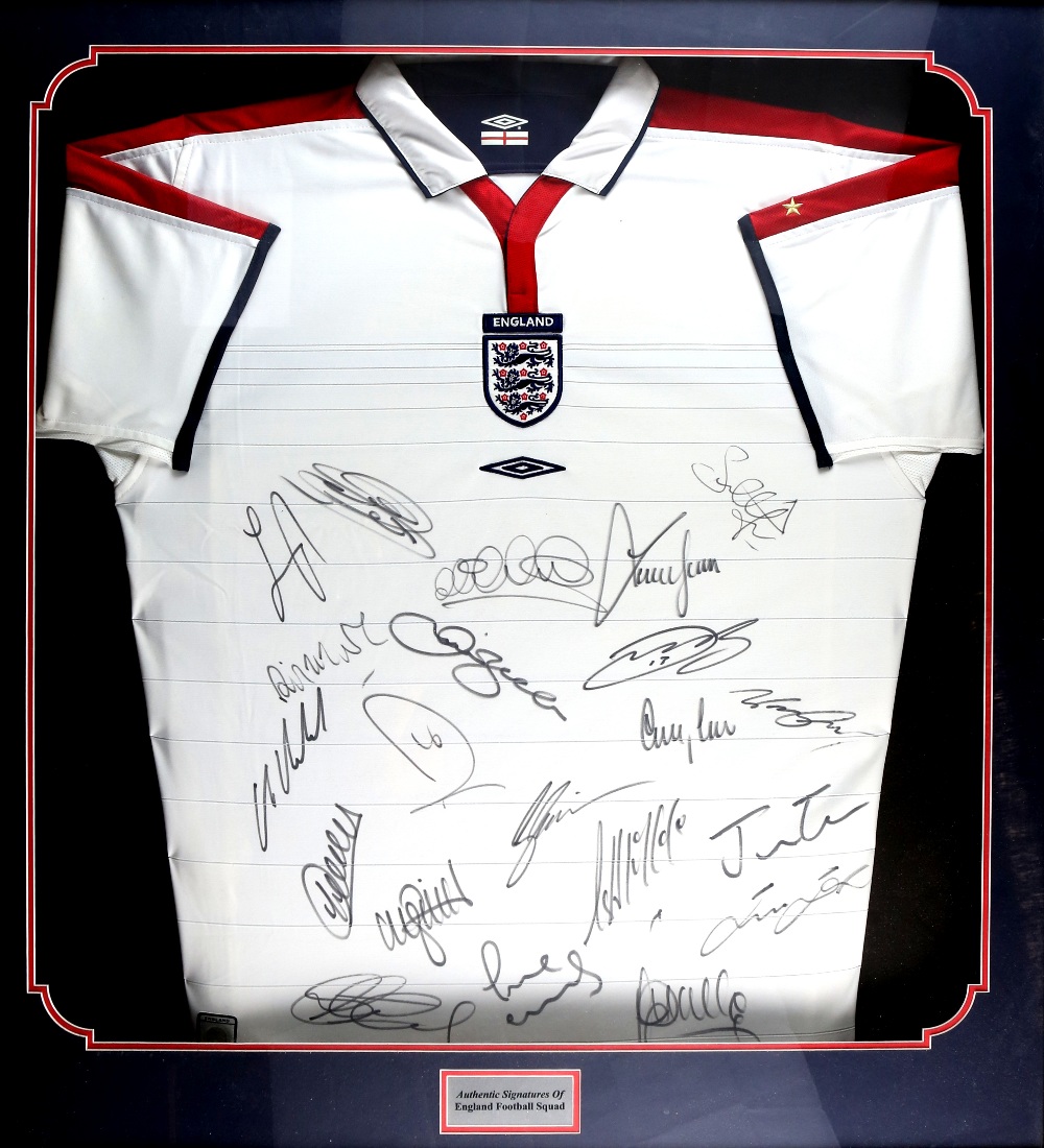 England Football - Fully signed shirt with 21 signatures, framed, 86 x 93 cm.