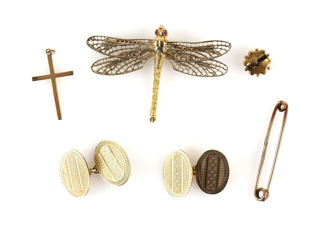 Gold dragonfly brooch, cabochon ruby set eyes and other gold items of jewellery, including a