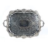Silver plated twin-handled presentation tray with moulded and engraved floral decoration, 72cm wide,