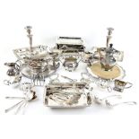 Group of silver-plated items to include entrée dishes, flatware, pair of candlesticks, two sugar