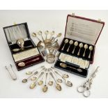 Selection of silver and white metal items to include a cased christening set, by Charles S Green &