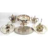 Silver plated items, punch bowl embossed with floral swags and with lion mask handles, ladle and