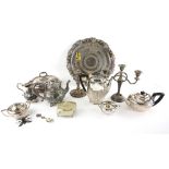 Pair of silver plated entree dishes, salver, three piece tea service and other items,.