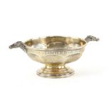 Modern silver trophy cup with twin horse-head handles, on round foot, by Mappin & Webb, Sheffield,