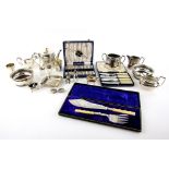 Silver plated wares to include teapot, flatware, pair of wine coasters etc.,PLEASE NOTE: THIS LOT