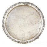 Victorian silver tray with pierced floral moulded border, on three shaped feet, by George Fox,