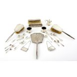 George V five piece silver backed dressing table set with engine turned decoration, by Daniel