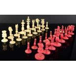 19th century red stained and white ivory chess set, king 8cm pawn 4cm,PLEASE NOTE: THIS ITEM