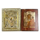 Two Eastern Orthodox Wood Icons: one with metal Riza/Revetment depicting scenes from the life of the