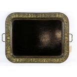 19th century papier mache rectangular two handled tray with gilded border and stylised decoration,