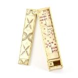 Miniature bone dominos set with a pair of dice in box with engraved and coloured decoration the base