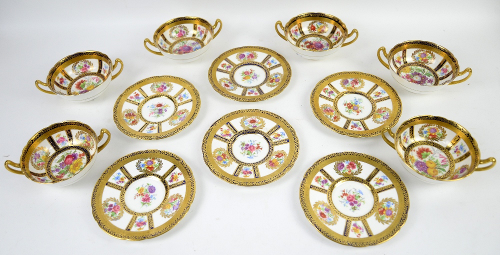 Set of six Paragon Ptn .A458 gilt and floral decorated soup bowls and saucers.