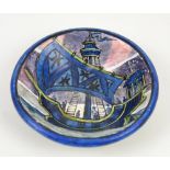 John Pearson bowl painted with a blue galleon at sea, over lilac lustre bands, painting of a fish