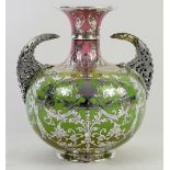 A late 19th/early 20th century Willets American porcelain silver overlaid two-handled vase, the