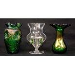 Austrian green iridescent glass vase with dimpled bubble pattern and wavy rim, 13cm, a clear glass