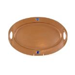 Arts & Crafts oval copper tray with Ruskin type roundels and planished finish .