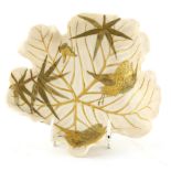 Royal Worcester aesthetic movement bowl in the form of a leaf, decorated in gilt with bamboo, two