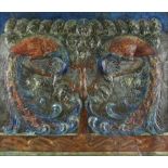 Scandinavian Arts & Crafts leather wall panel with embossed and painted pair of peacocks perched