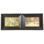 Set of four silk embroideries depicting the Seasons,in ebonised oak chip carved frames, C 1900 ,