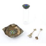 An Arts & crafts silver and enamel mounted dressing table bottle, 13 cm high, with similar pin dish,