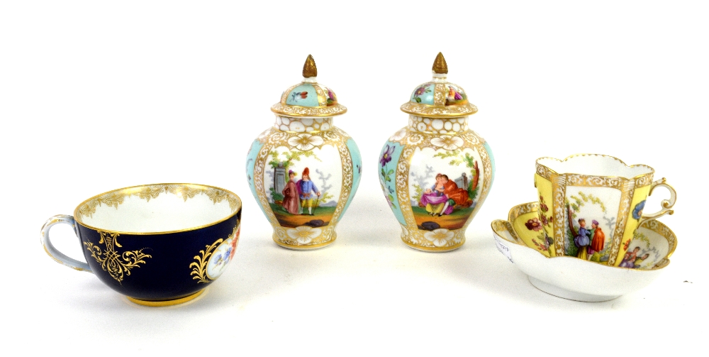 Selection of Dresden china including Onion pattern fruit basket on stand, cups and saucers, two oval - Image 2 of 3