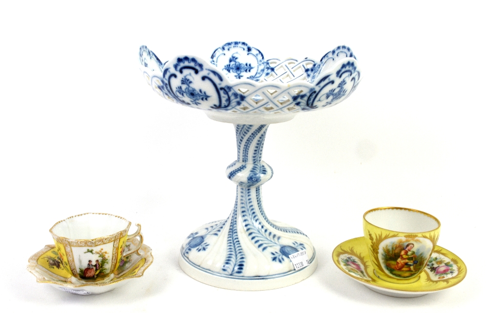 Selection of Dresden china including Onion pattern fruit basket on stand, cups and saucers, two oval