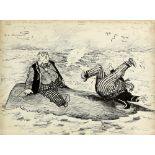 C H Chapman, Billy Bunter pen and ink cartoon depicting Billy and Sammy on an upturned boat,