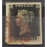 Great Britain 1840 1d Black, 4 Margins, tied to piece with red Maltese Cross.