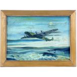 A.E. Hammond, Lancaster Bomber in flight, signed and dated A E Hammond 1943, oil on canvas, 23cm x